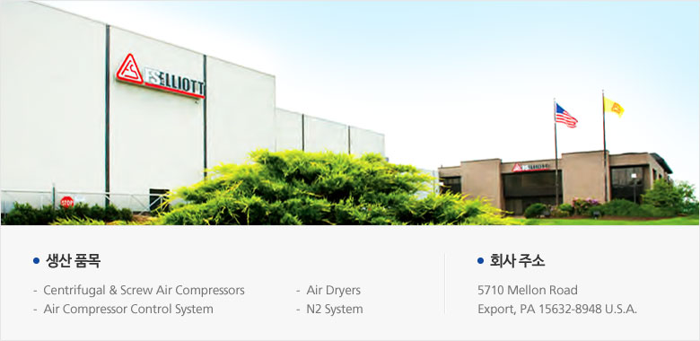 생산 품목 -  Centrifugal & Screw Air Compressors, Air Compressor Control System, Air Dryers, N2 System , 회사 주소 - 5710 Mellon Road Export, PA 15632-8948 U.S.A.